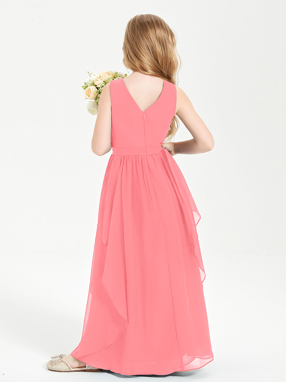 Boho Sleeveless Junior Chiffon Bridesmaids Gown Watermelon